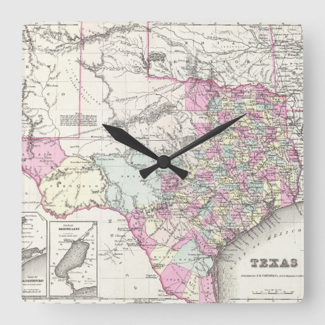 Vintage Map of Texas 1855 Quadratische Wanduhr (Vorderseite)