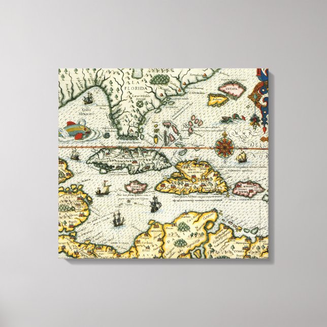 Vintage Map of The Caribbean (1594) Leinwanddruck (Vorderseite)