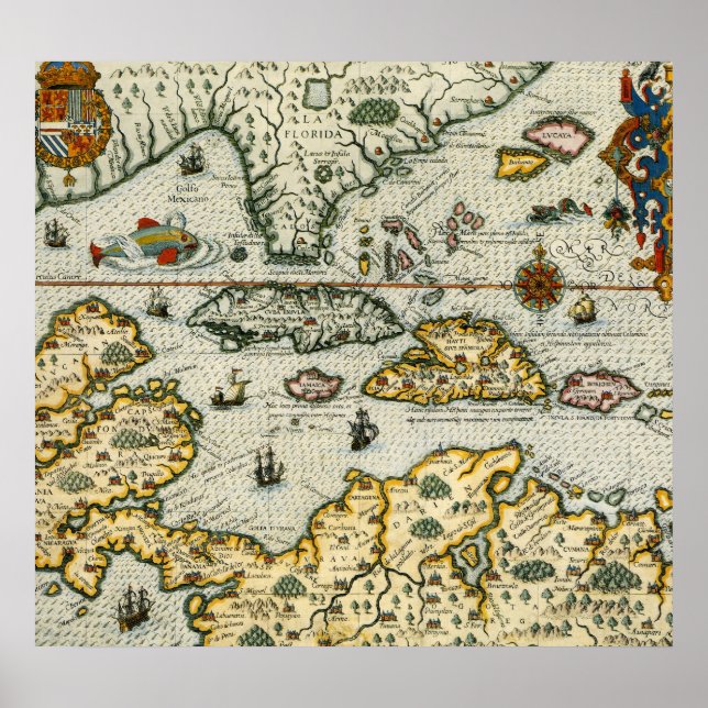 Vintage Map of The Caribbean (1594) Poster (Vorne)