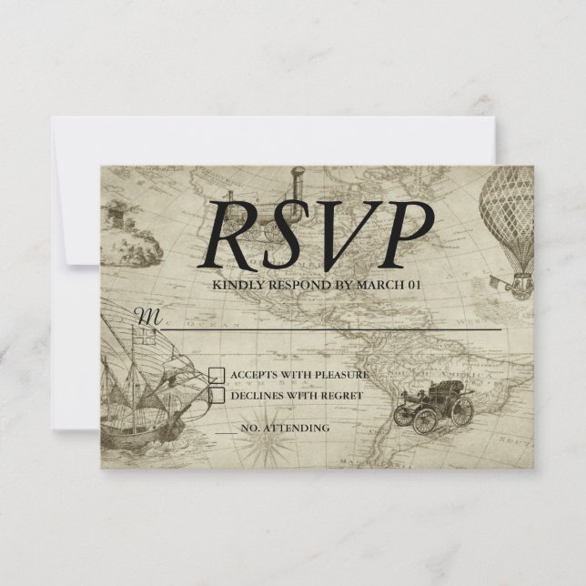 Vintage Map Wedding RSVP Antwort Moderne (Vorderseite)