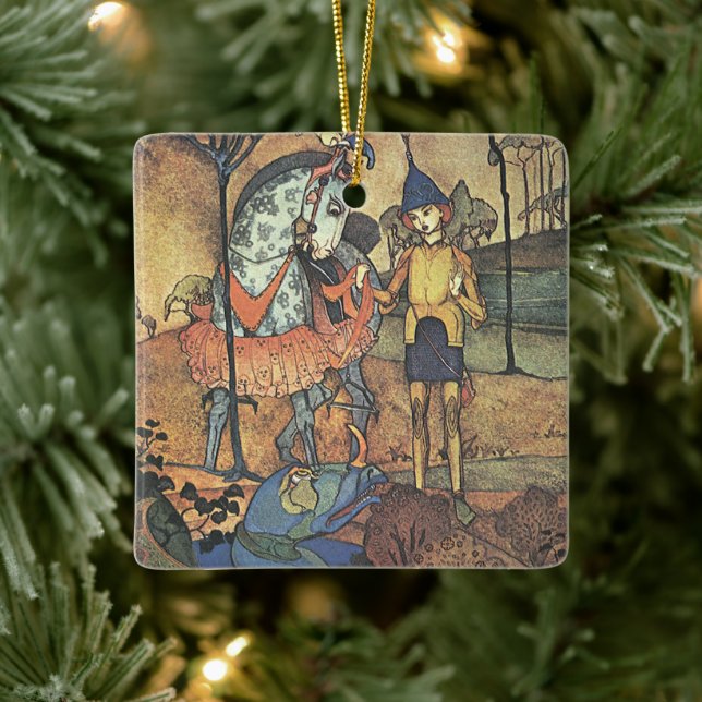 Vintage Märchen, ein tapferer Ritter und Drache Keramikornament (Baum)