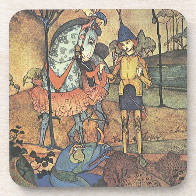Vintage Märchen, ein tapferer Ritter und Drache Untersetzer (Vorderseite)