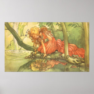 Vintage Märchen, Froschprinzessin am Teich Poster
