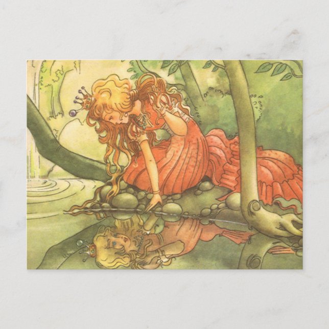 Vintage Märchen, Froschprinzessin am Teich Postkarte (Vorderseite)
