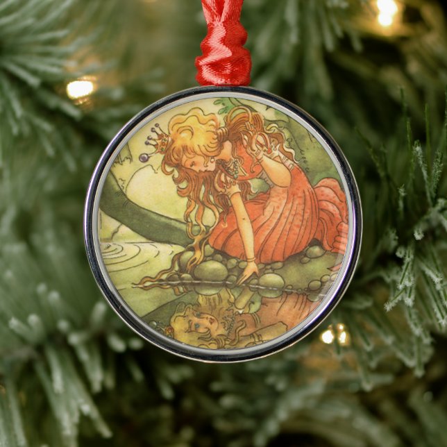 Vintage Märchen, Froschprinzessin am Teich Silbernes Ornament (Baum)