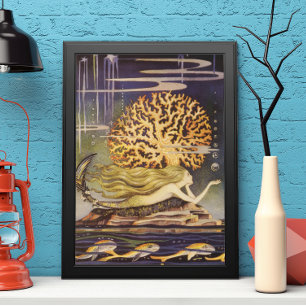 Vintage Märchen, kleine Meerjungfrau in Meereskora Poster