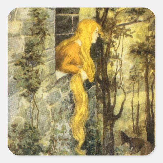 Vintage Märchen, Rapunzel mit Langblonde Quadratischer Aufkleber (Vorderseite)