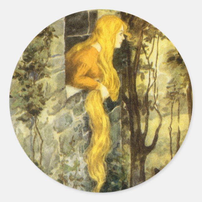 Vintage Märchen, Rapunzel mit Langblonde Runder Aufkleber (Vorderseite)