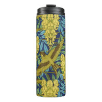 Vintage Marineblaue Vogel- und gelbe Blumendruckmu