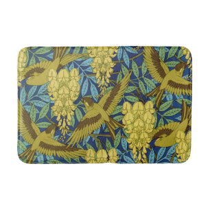 Vintage Marineblauer Vogel und gelbes Blumenmuster Badematte