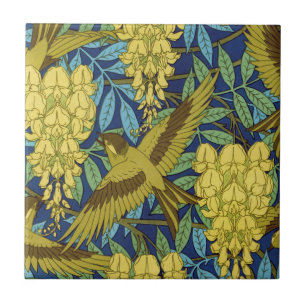 Vintage Marineblauer Vogel und gelbes Blumenmuster Fliese