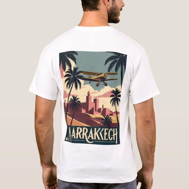 Vintage Marrakesch-Skyline und Flugzeug T-Shirt (Rückseite)