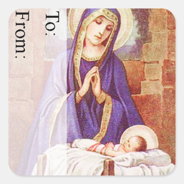Vintage Mary mit Jesus Weihnachtsgeschenk-Tag Quadratischer Aufkleber (Vorderseite)
