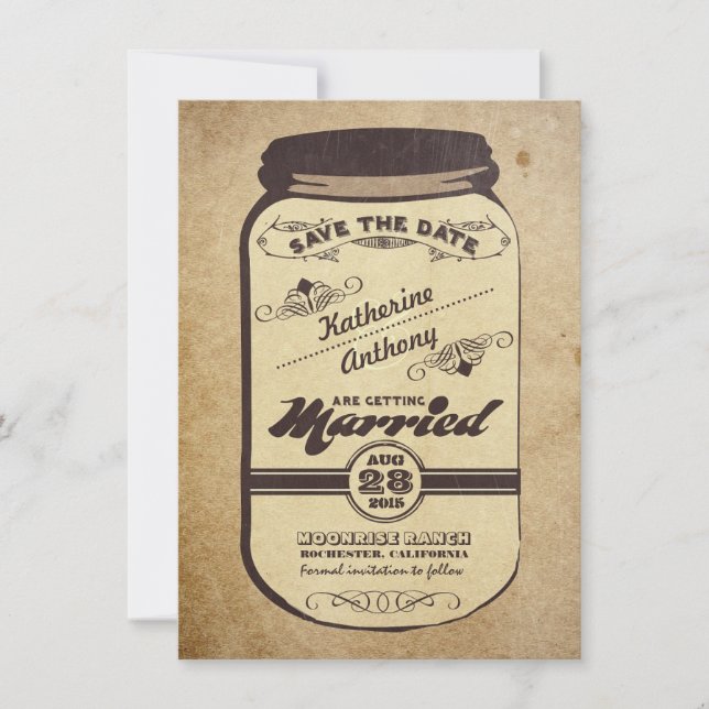 Vintage Mason Glas rustikal Save the Date (Vorderseite)