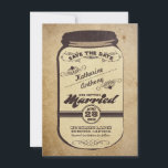 Vintage Mason Glas rustikal Save the Date<br><div class="desc">rustikale Save the Date Karte mit Vintager Typografie Mason Glas Design.</div>