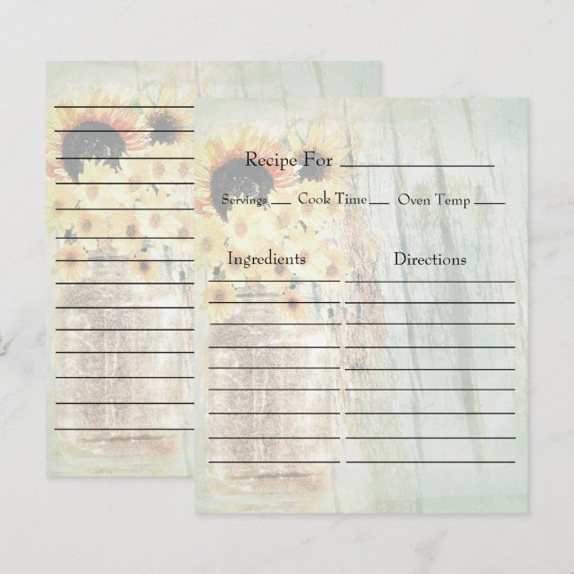 Vintage Mason Jar with Sunflowers Recipe Cards (Vorne/Hinten)