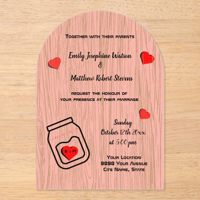 Vintage mason jar wood grain theme wedding  acryleinladungen (Vorderseite)