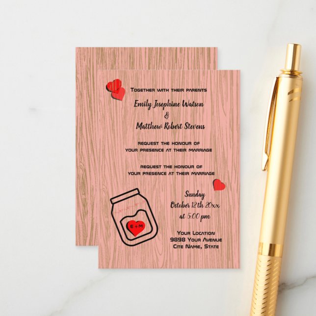 Vintage mason jar wood grain theme wedding  begleitkarte (Vorderseite/Rückseite Beispiel)