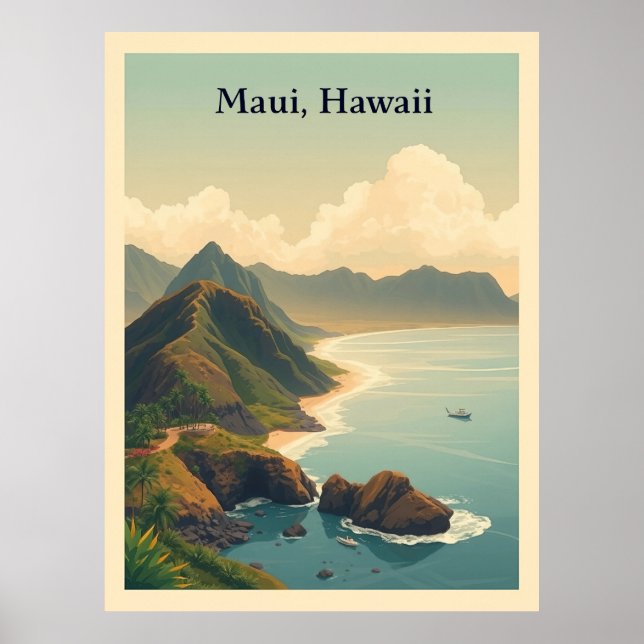Vintage Maui, Hawaii Travel Illustration Poster (Vorne)