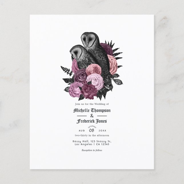 Vintage Mauve Owls Gothic Wedding Einladung Flyer (Vorne)