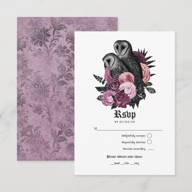 Vintage Mauve Owls Gothic Wedding RSVP Karte (Vorne/Hinten)