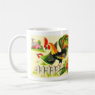 Vintage MCM Hähne krähen auf einem Zaun Kaffeetasse