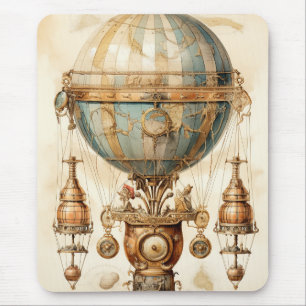 Vintage mechanisches Luftschiff Blaue Globus Sepia Mousepad