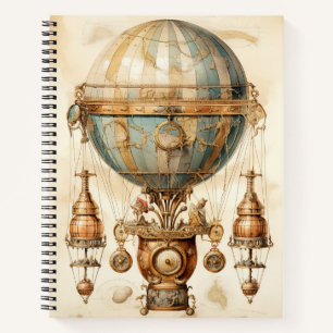 Vintage mechanisches Luftschiff Blaue Globus Sepia Notizbuch