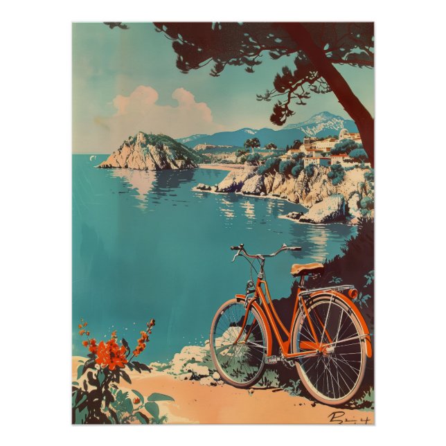 Vintage Mediterranean Coast with Orange Bicycle Poster (Vorderseite)