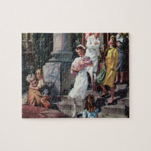 Vintage Medizin, Krankenschwester mit neugeborenem Puzzle
