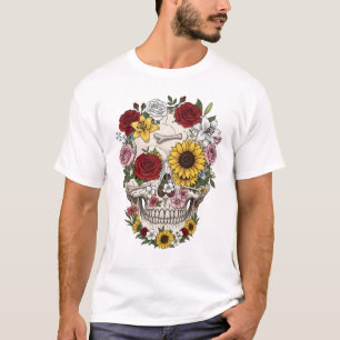 Vintage medizinische Anatomie Schädel-Blume T-Shirt
