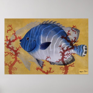Vintage-Meeres-Ozeanleben-tropischer-blauer-Fisch- Poster