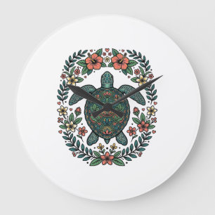 Vintage-Meeres-Schildkröten-Blumen-Vektordesign_1 Große Wanduhr
