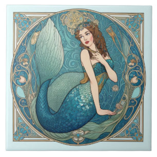 Vintage Meerjungfrau Art Nouveau Retro Deco Türkis Fliese