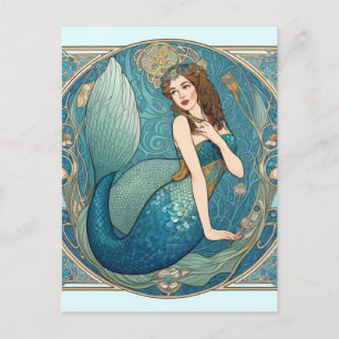 Vintage Meerjungfrau Art Nouveau Retro Deco Türkis Postkarte