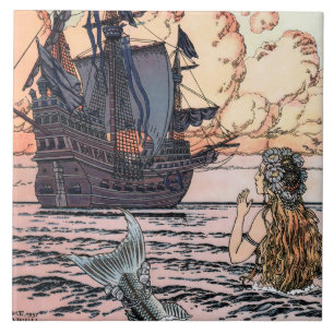Vintage Meerjungfrau beim Seeschiff Fliese