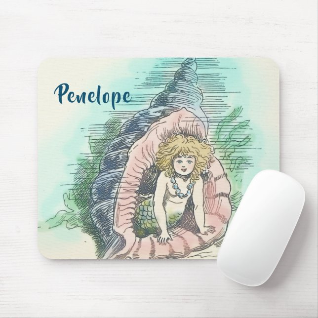 Vintage Meerjungfrau in Conch-Muschel mit Name Mousepad (Mit Mouse)
