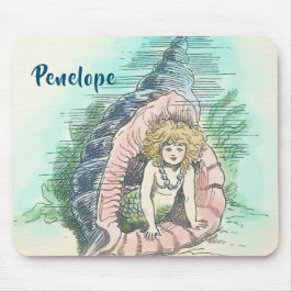 Vintage Meerjungfrau in Conch-Muschel mit Name Mousepad