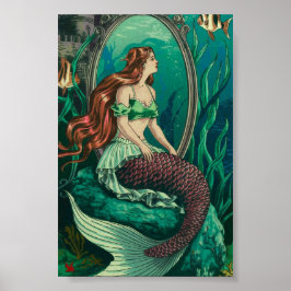 Vintage Meerjungfrau mit Blick in den Spiegel Poster