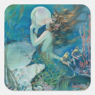 Vintage Meerjungfrau mit Perlen-Aufkleber Quadratischer Aufkleber
