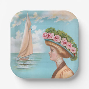 Vintage Meerjungfrau Rosa Rosenhut Segelboot Kunst Pappteller