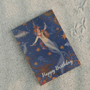 Vintage Meerjungfrau Unterwasser Blau Whimsical Ge Postkarte