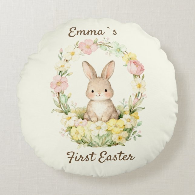 Vintage Mein Erster Osthase Blumenkranz Rundes Kissen (Vorderseite)