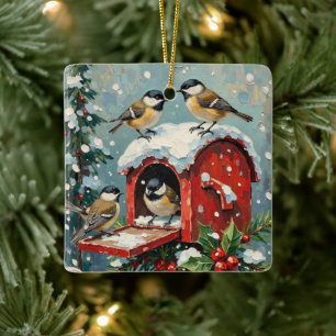 Vintage Meisen auf einem verschneiten Weihnachtspo Keramikornament