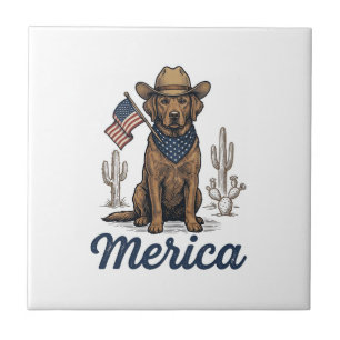 Vintage Merica Cowboy Hund Amerikanisches Flagge S Fliese