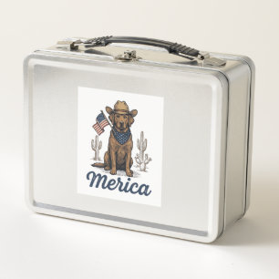 Vintage Merica Cowboy Hund Amerikanisches Flaggen- Metall Brotdose