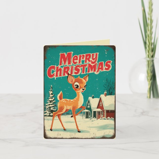 Vintage Merry Christmas Deer Art Feiertagskarte (Vorderseite)