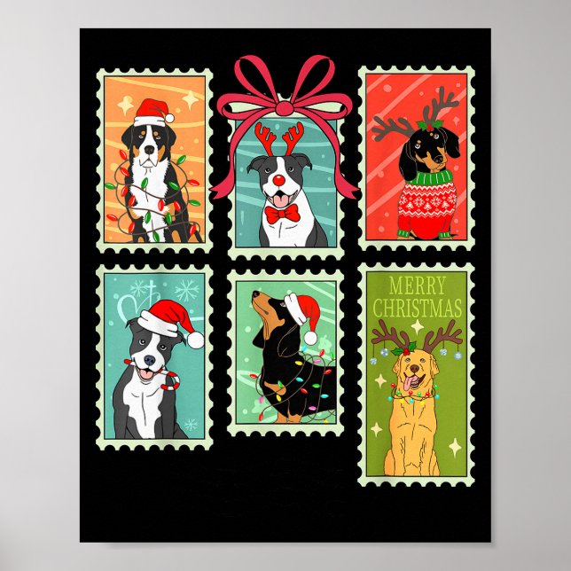 Vintage Merry Christmas Dogs Santa Stamps Reindeer Poster (Vorne)