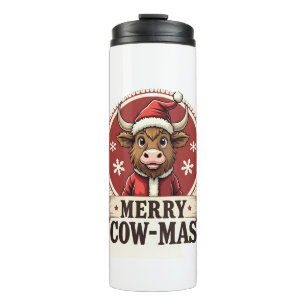 Vintage Merry Cow-Mas Highland-Rind Weihnachtskart Thermosbecher