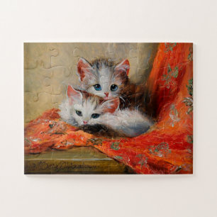 Vintage-Meta-Plückebaum-süße-Katzen-Ölgemälde Puzzle